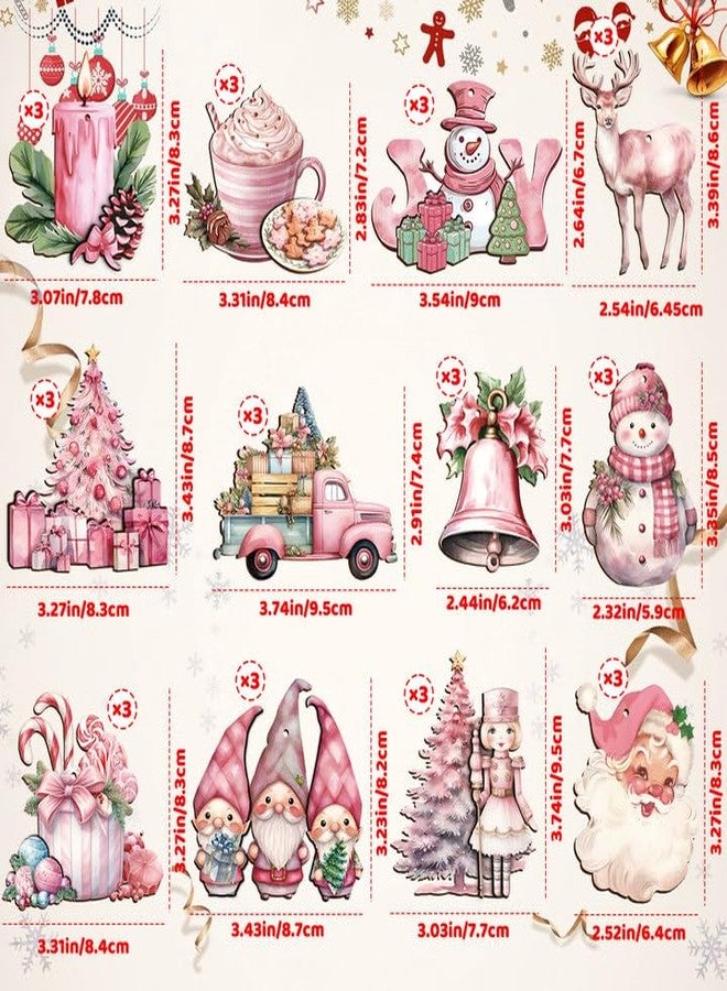 OOINQQ 36Pcs Pink Christmas Tree Hanging Ornaments, Wooden Christmas Ornaments for Tree Vintage Rustic Xmas 3D Wooden Hanging Pendants Tags for Winter Holiday Christmas Tree Home Party Decorations - Image 4